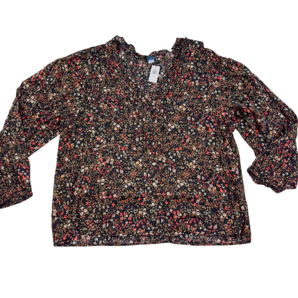 Old Navy Boho Dark Floral Button Down Ruffle/Balloon Sleeve Blouse Women's SZ XL